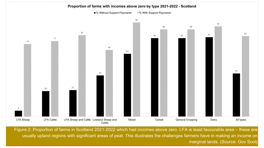Graph showing the proportion of farms in Scotland between 2021 and 2022 which had incomes above zero