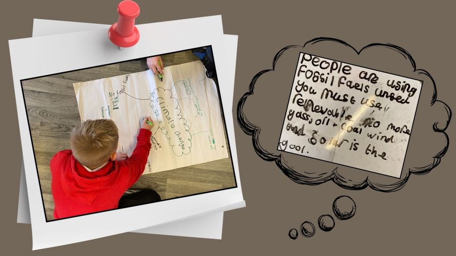 Overhead view of a child drawing on a large sheet of paper next to lyrics from the song.