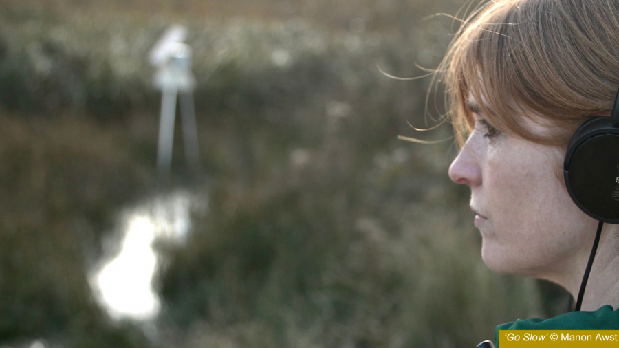 Close up of woman wearing headphones with reeds, a pool and a blurry white tripod in the background