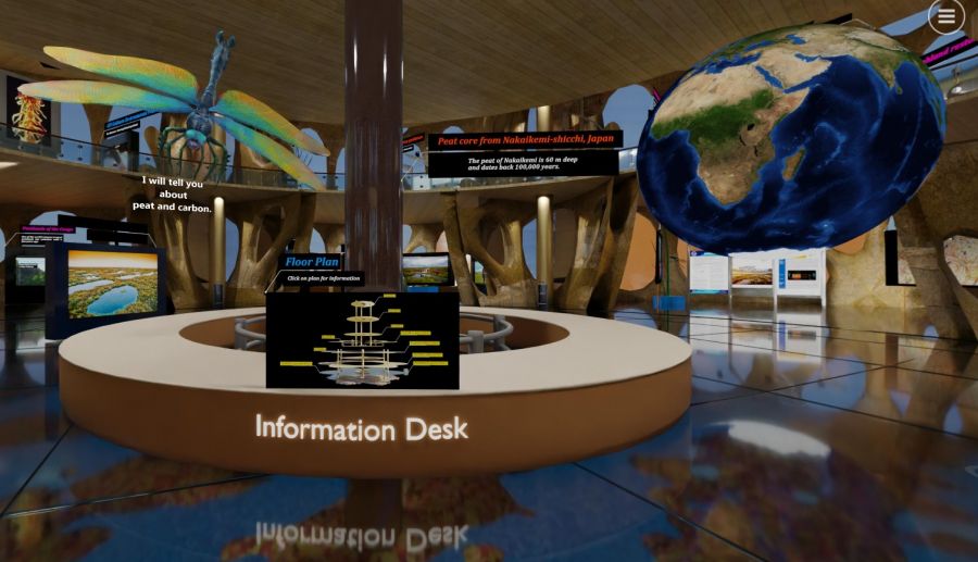 Virtual Peatland Pavilion Floor 1, featuring a virtual dragonfly, globe and information desk