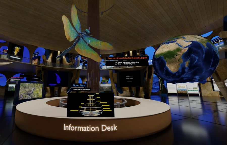 Interior of the Virtual Peatland Pavilion showing a giant dragonfly and suspended globe