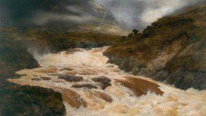 Painting of a river in spate: Peter Graham 1866, 'A spate in the highlands'