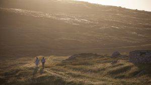 Two people walking on a track across a grassy landscape with cotton grass in the distance. Image credit: Stephen Price.