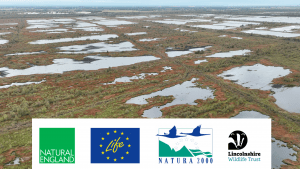 Aerial image of peatland with large pools. The bottom of the image is covered with the logos of Natural England, LIFE, Natura 2000 and Lincolnshire Wildlife Trust