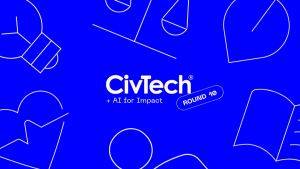 CivTech in white writing with blue background and outlines of scales, lightbulb and book