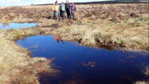 Staff from RSPB, Scottish Water and the contractor, McGowan Ltd, discuss the successful works at Moss of Kinmundy 