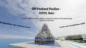 Exterior view of Virtual Peatland Pavilion showing four large domes in an urban landscape